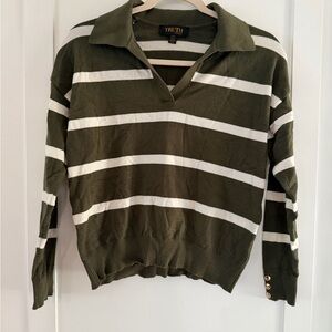 Truth V-Neck Collared Sweater in Olive and White Stripes Gold Detail